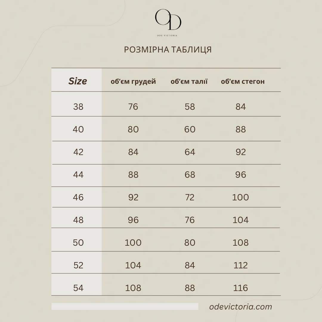 Odd Victoria size chart in Ukrainian showing bust, waist, and hip measurements for sizes 38 to 54
