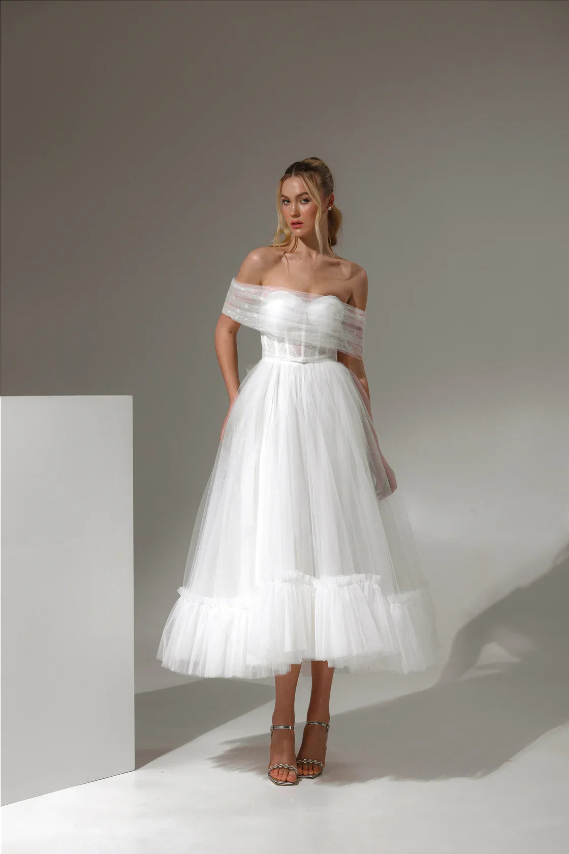 Alica dress full front view – sleek silhouette and elegant drape