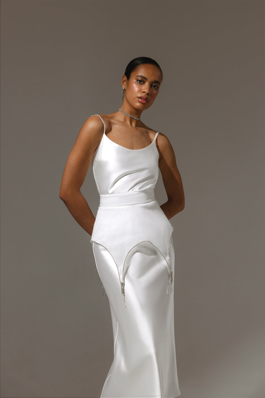 Soft sheen fabric texture of Lotos dress close-up