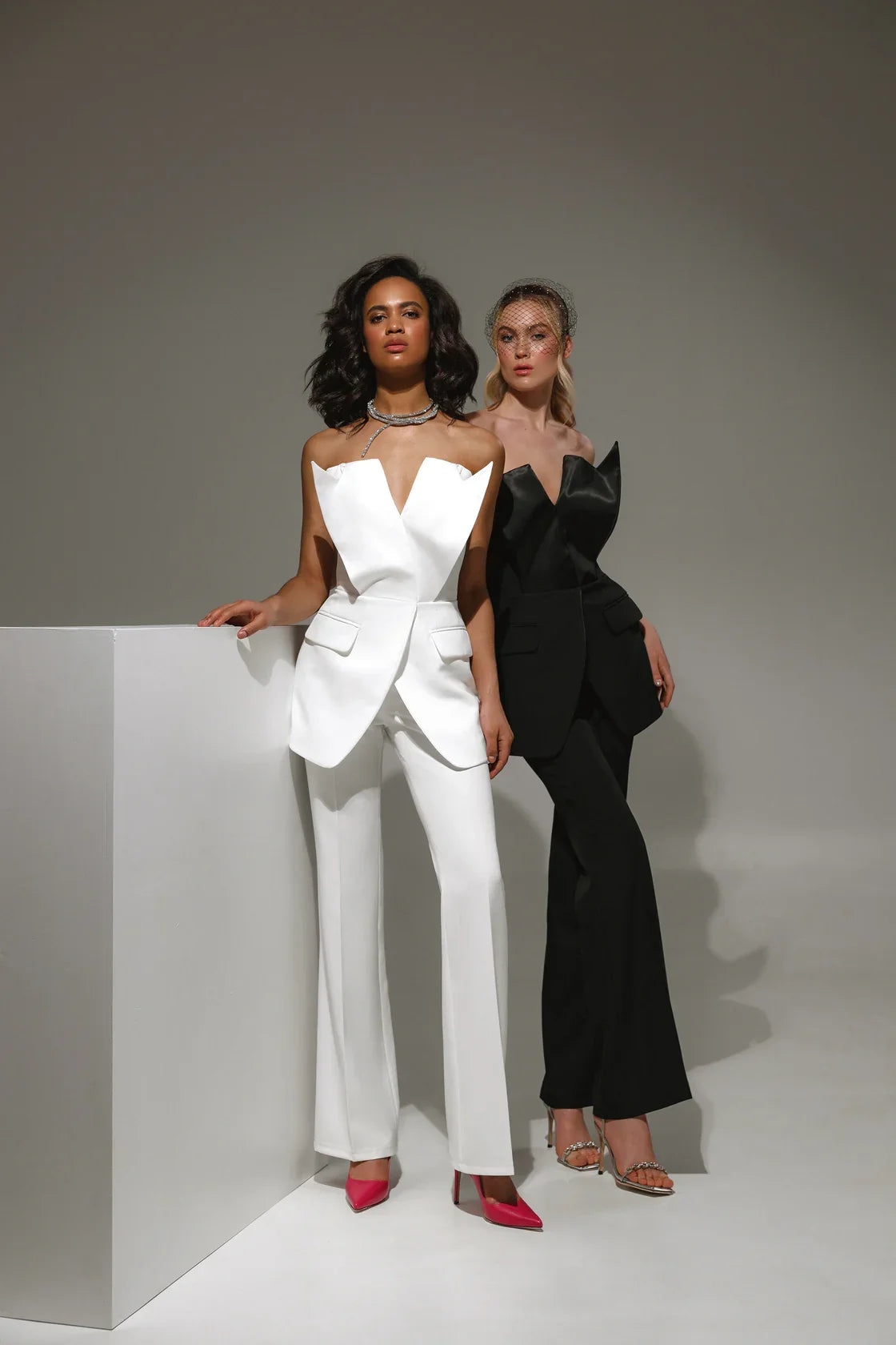 Briget Suit Dress full front view – structured bare-style shoulders