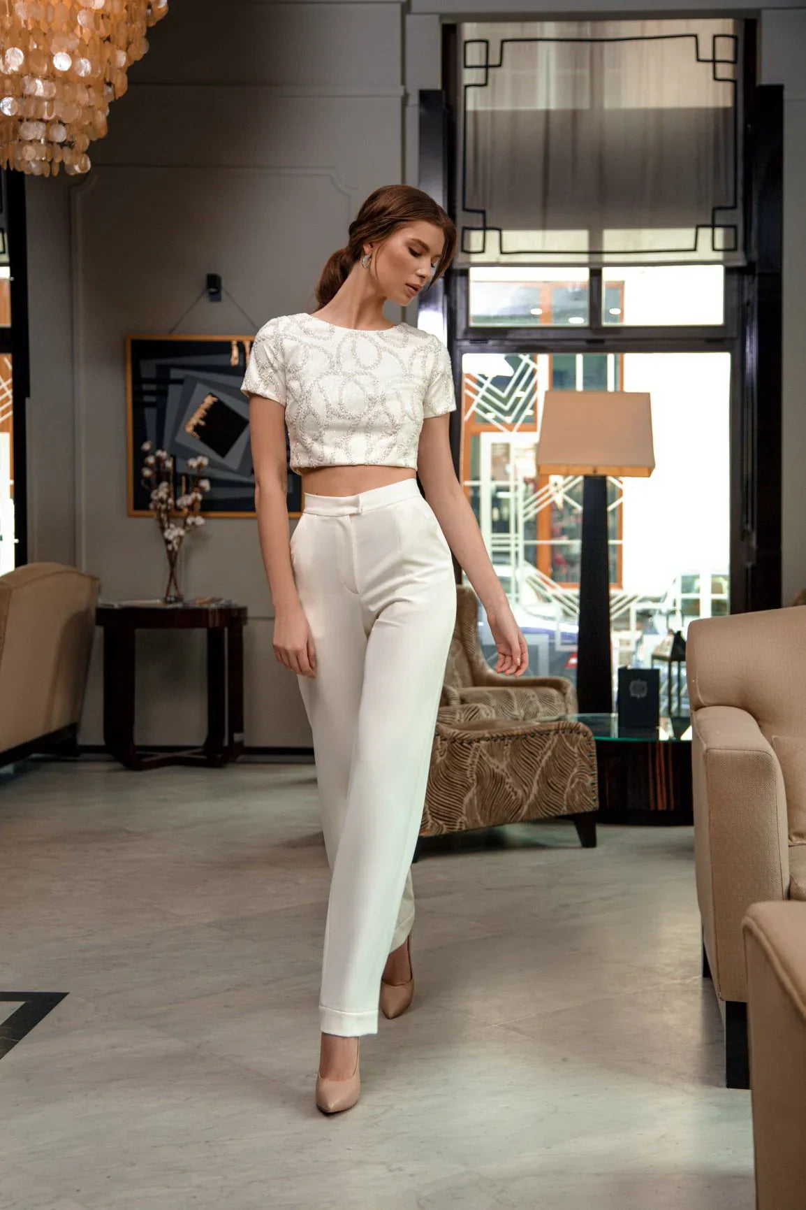 Kira Top & Pants Set front view – structured crop top and tailored pants